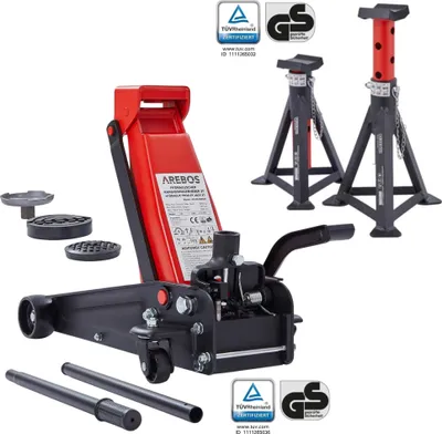 Produktbild von AREBOS 3T Hydraulický manévrovací zvedák s nožním pedálem, 2x podpěra, nosnost 3 tuny, 2x podpěry