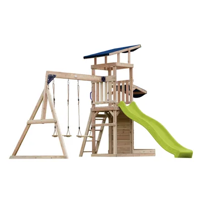 Produktbild von AXI Malik Spielturm aus Holz mit 2 Schaukeln | XXL Spielhaus / Spielplatz für Kinder mit Sandkasten, Spielwand & Rutsche in Hellgrün | Schaukelgerüst für den Garten