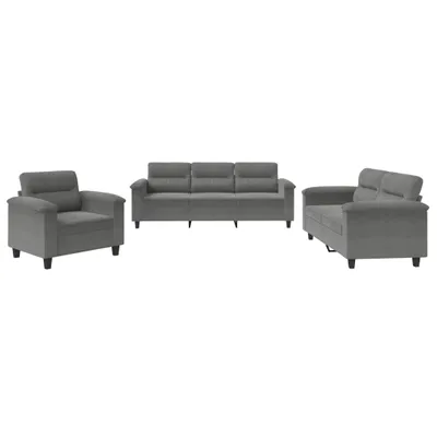 A three-piece sofa set consisting of a sofa and two armchairs, all in dark gray, displayed against a white background.