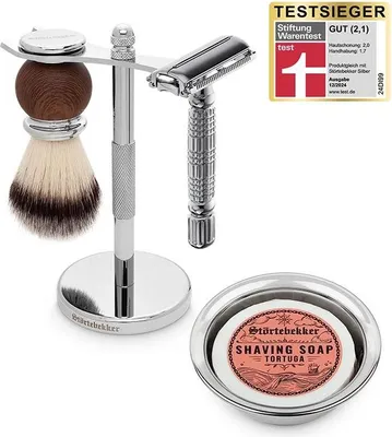 Produktbild von Störtebekker® Rasierständer Set - mit Rasierhobel, Rasierpinsel, Rasierschale und Rasierseife (Tortuga) - Rasierset / Bartpflege Set -Geschenkidee