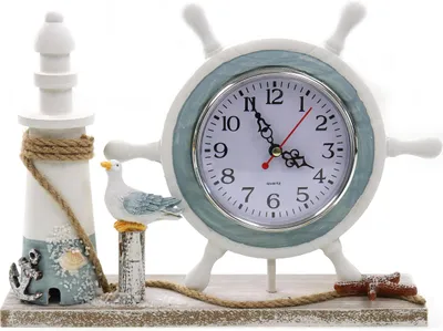 Produktbild von Maritime Standuhr als Steuerrad aus Holz mit Uhr auf maritimen Podest zum Aufstellen, 21*28cm, Vintage Stehdekoration für Badezimmer Schlafzimmer Küche
