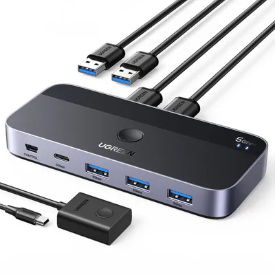 Produktbild von Ugreen USB-Switch, USB 3.0, für Geräteteilung, 2 Eingänge, 4 Ausgänge, Schwarz, 12,3 x 5,33 x 1,78 cm, USB-C 5V 2A Max, kompatibel mit Windows, macOS, Linux, CM662, 15705