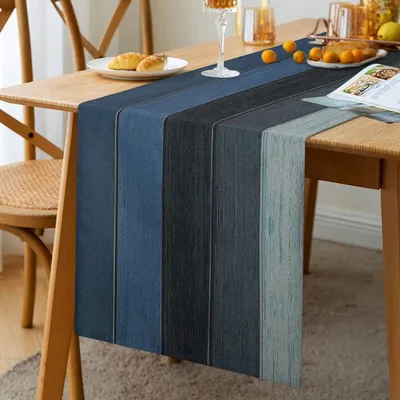 Zdjęcie produktu dla Bieżnik stołowy, len i bawełna, 33 x 183 cm, kolor granatowy, idealny do stołu jadalnego i przyjęć