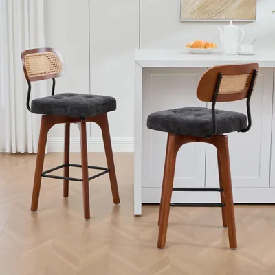 Productafbeelding van MODFU Set van 2 barkrukken, 360° draaibaar met rieten rugleuning, draaibare stoelen met beklede chenille zitting, keukenstoelen/eetkamerstoelen met voetsteun, zwart