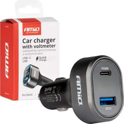 Produktbild von Auto-Ladegerät 48W PD30W QC3.0 USB-A USB-C mit Voltmeter AMIO-04178