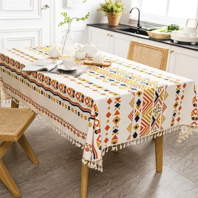 Produktbild von Famanu Tischdecke im Linnen-Look mit Fransen - 140 x 140 cm