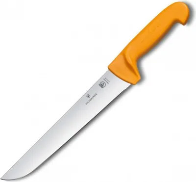 A professional studio shot of a kitchen knife with an orange handle against a white background.