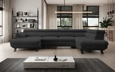 Zdjęcie produktu dla DomoHome ECKSOFA RAVEN XL - Narożnik z funkcją spania z wysuwanym łóżkiem, regulowane zagłówki, pojemnik na pościel, duża sofa 334x198x162 cm prawa strona antracytowa