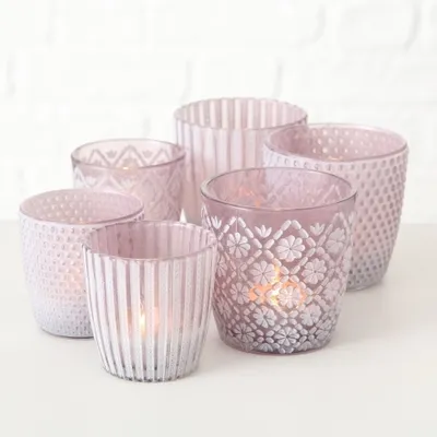 Produktbild von Windlicht Teelichthalter Glas lackiert helllila weiß matt H= 7-9 cm 6 tlg=3 x2er