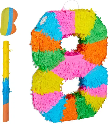 Produktbild von Relaxdays Pinata Zahl 8, Regenbogenpinata Geburtstag, HBT: 50,5 x 35,5 x 7,5 cm, Partypinata Kinder, zum Befüllen, bunt