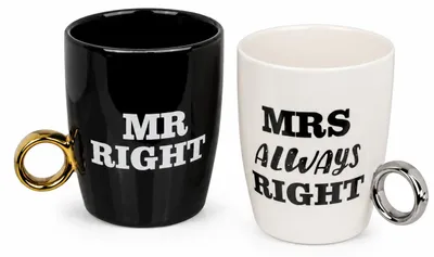 Zdjęcie produktu dla Zestaw 2 kubków ceramicznych „Mr Right, Mrs Always Right” z uchwytem w kształcie pierścionka