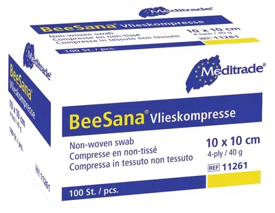 Produktbild von Meditrade BeeSana Vlieskompressen 10 x 10 cm unsteril 4-lagig 40 g – 100 Stück Wundkompressen