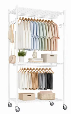 Zdjęcie produktu dla Wózek na ubrania Homdox, 60 x 42 x 205 cm, z 2 drążkami na wieszaki, 3 regulowanymi półkami, udźwig do 160 kg, kolor biały