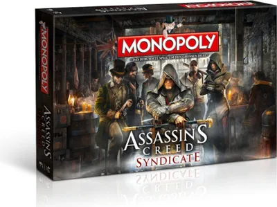 The image shows the Monopoly Assassin's Creed Syndicate board game box, with characters from the game depicted on the front.