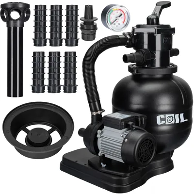 A pool sand filter pump system and its accessories are displayed against a white background.