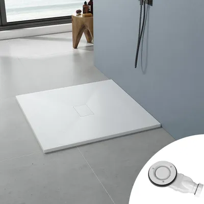 Produktbild von SMC Duschwanne 100x100cm weiß Steinoptik rechteckig zuschneidbar mit Ablaufgarnitur Duschtasse für bodenebene Montage