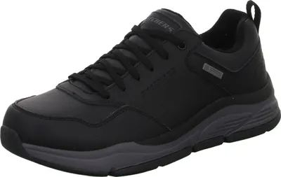 A black and gray Skechers men's shoe is shown against a white background.