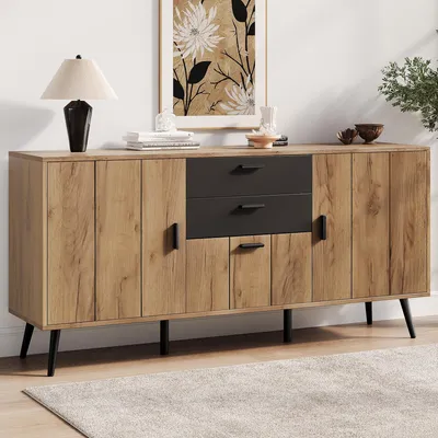 Immagine prodotto di Comodino, credenza, 140x35x67, ampio piano di lavoro, 2 cassetti, 3 ante, mobiletto, soggiorno, sala da pranzo, cucina