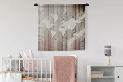 Produktbild von MuchoWow® Wandteppich Wandbehang Weltkarte - Weiß - Holz 90x90 cm Tapisserie Dekoration Wandtuch - Wandaufhänger