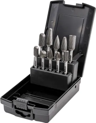 Produktbild von STIER Frässtifte-Set 10-teilig, 6 mm Schaftdurchmesser, Fräsformen: Zylinder Stirnverzahnung Walzenrundform Oval Tropfen Spitzbogen, hohe Schnittgeschwindigkeit 840 m/min