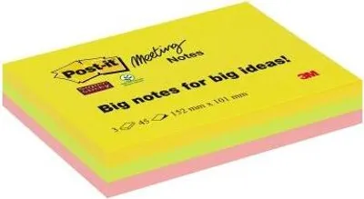 Produktbild von Post-it Haftnotiz Super Sticky Meeting Notes 152 x 101 mm (B x H) 1 x neongrün 1 x neonpink 1 x neongelb 45 Bl./Block 3 Block/Pack.