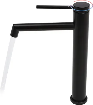 A black faucet with water flowing from it.