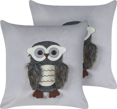 Produktbild von BELIANI Dekokissen 2er Set in Grau aus Samtstoff 45 x 45 cm mit Eulen Motiv Tiermotiv Kinderkissen Kissen für Kinderzimmer