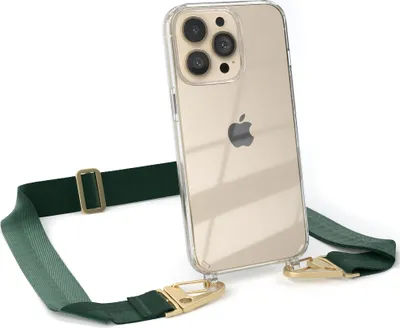 Produktbild von EAZY CASE - Hülle mit Band für Apple iPhone 13 Pro, Handyhülle mit Umhängeband, Silikonhülle transparent, Handykette in Grün