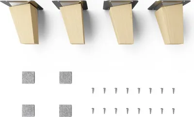 Four angled wooden furniture legs with metal mounting plates are shown at the top, with accompanying felt pads and screws below.