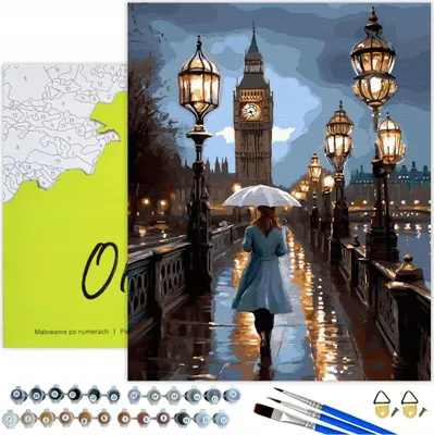 Produktbild von Malen nach Zahlen Erwachsene Stadt London Spaziergang 50x40 - 32 Acrylfarben, Leinwand mit Holzrahmen, 3 Pinseln und Zubehör Oh Art!