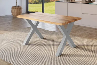 Produktbild von Esstisch Baumkante Holz-Optik Wildeiche 120 x 80 X-Gestell silber JULIUS