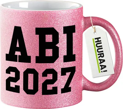 Produktbild von Huuraa Glitzertasse ABI 2027 Abitur 330ml Pink Keramik Kaffeebecher Geschenkidee