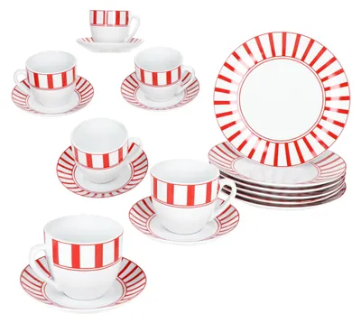 Produktbild von 18tlg Kaffeeservice Split rot Streifen Porzellan 6 Pers. Tasse Untertasse Teller gestreift