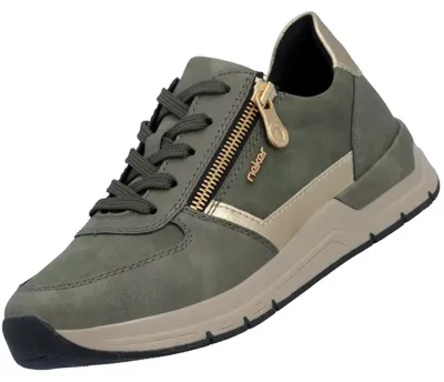 Das Bild zeigt einen grünen Freizeitschuh aus einem robusten Material mit weißen Nähten. Man sieht den Schuh von der linken Seite und die Sohle ist ebenfalls weiß gehalten.