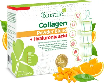 Produktbild von Biostile Kolagenová směs v prášku s kyselinou hyaluronovou - 30 sáčků s 8600 mg hydrolyzovaného kolagenu, kyselinou hyaluronovou, vitaminem C, kurkuminem a shilajitem pro kůži, klouby a kosti