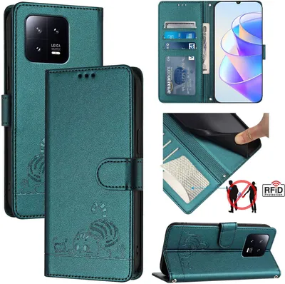 Produktbild von Leder Hülle für Xiaomi 13 Süße Katze Flip Case Brieftasche Schutzhülle mit Standfunktion Grün