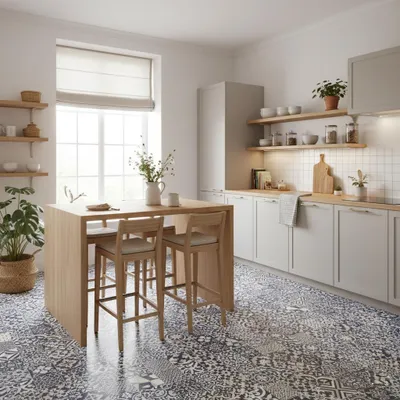 Produktbild von Vinyl Boden CV-Belag Fliesenoptik Blau/Beige, Größe:200x150 cm