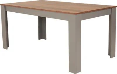 A rectangular dining table with a wooden top and gray legs, isolated on a white background.