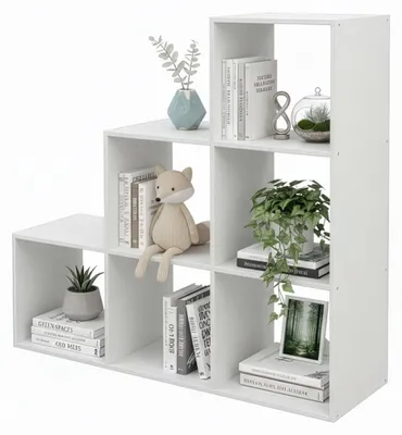 Image de Étagère blanche à plusieurs niveaux, 6 compartiments, 97,5 x 97,5 x 29 cm