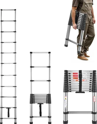Zdjęcie produktu dla Drabina teleskopowa VEVOR o długości 3140 mm, wysuwana drabina ze stali nierdzewnej, składana drabina o udźwigu 150 kg (75°) z antypoślizgowymi nóżkami, przenośna 11-stopniowa drabina do domu, kampera, na strych