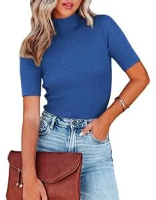 Immagine prodotto di Saodimallsu: T-shirt a collo alto da donna, maniche corte, modello aderente, tessuto elasticizzato
