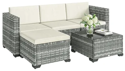 Produktbild von Polyrattan Gartenmöbel Set 5-teilig, Lounge Set mit Ecksofa Hocker Tisch Sitz- & Rückenkissen Grau+Cremeweiß