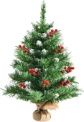 Produktbild von KOMFOTTEU 60 cm künstlicher Weihnachtsbaum Mini, Tisch Christbaum mit Roten Beeren, Tannenbaum klein mit Zementbasis, Christbaum für Tische, Büro, Geschäfte