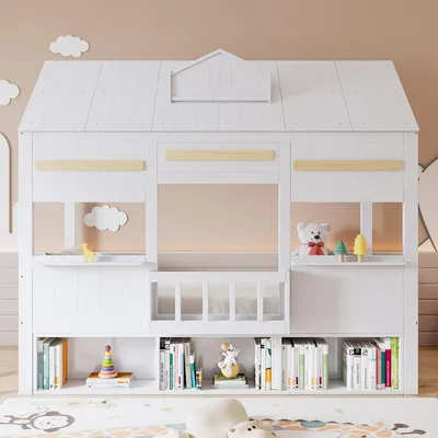 Produktbild von Kinderbett mit Bücherregal und Hausförmiges Design Hochbett Hausbett Jugendett 90x200cm Weiß