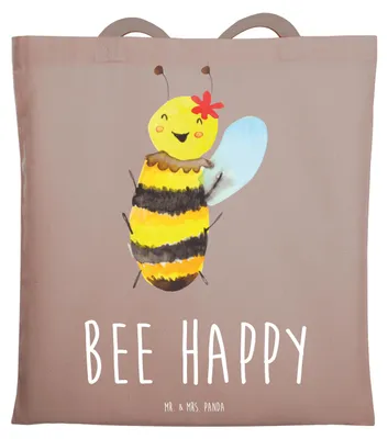 Produktbild von Mr. & Mrs. Panda Tote Bag Biene Happy - Braun Pastell - Geschenk, Einkaufstasche, Laptoptasche, Tasche, Jutebeutel, Schultasche