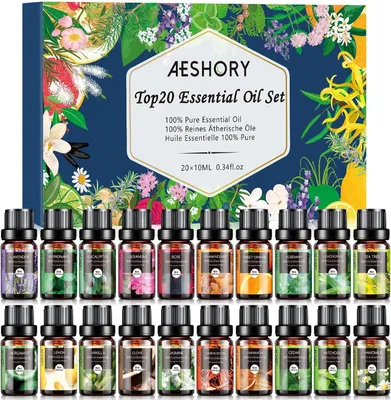 Zdjęcie produktu dla Zestaw olejków eterycznych 20 x 10 ml - Olejki eteryczne do dyfuzora, 100% czyste i naturalne, organiczne - Aromaterapia do sauny, spa, masażu, kąpieli