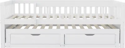 Produktbild von Flieks Jugendbett 90x200cm mit Ausziehbett 90x190cm, Holzbett Klassisches Bett mit 2 Schubladen, Kinderbett Einzelbett mit Rausfallschutz, Weiß
