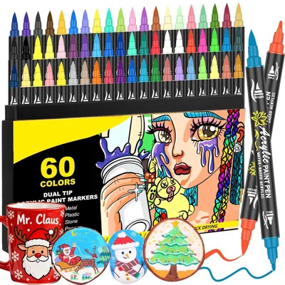 Obrázok produktu pre Sada akrylových fixiek, 60 farieb, dvojitá špička (1 mm / 1-5 mm), vodeodolné, vhodné na kamene, drevo, sklo, papier