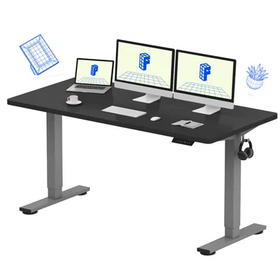 A black height-adjustable desk with dual monitors, a laptop, and accessories.