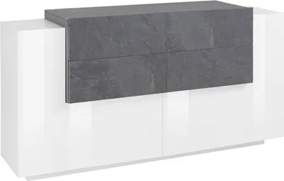 Produktbild von Kommode Alberto, Küchen-Sideboard mit 2 Türen und 4 Schubladen, Wohnzimmer-Buffet, Küchen-Sideboard, 100%  Italy, cm 160x45h86, glänzend weiß und Schiefer